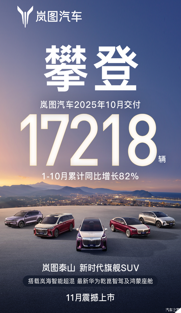 岚图汽车10月交付17218辆 岚图泰山将于11月上市